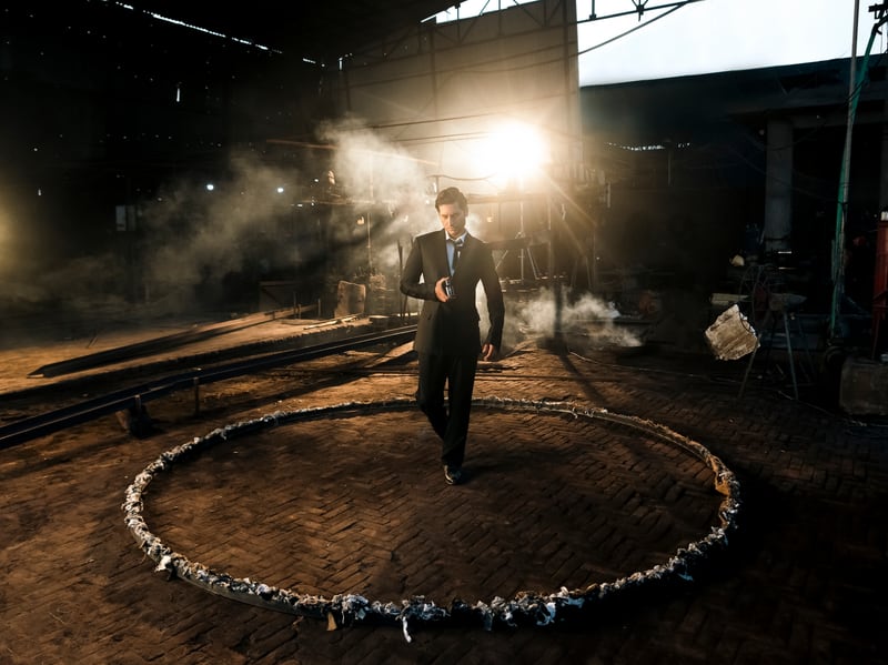A lone figure standing inside a chalk circle drawn on a dark factory floor