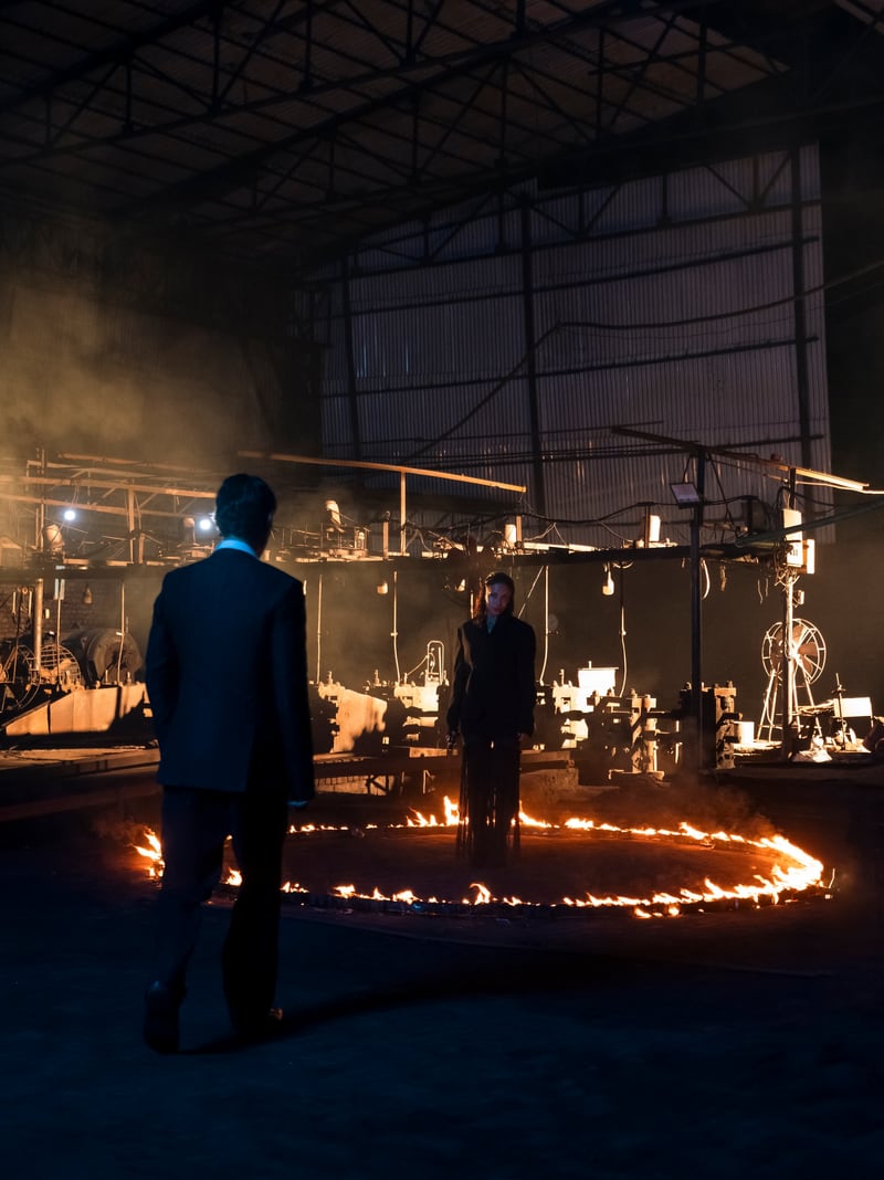 Two figures standing either side of a ring of fire burning on the floor of a dark machine hall