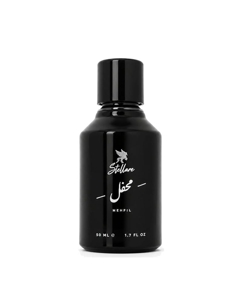 Mehfil eau de parfum, the black Stellare flacon on a white ground