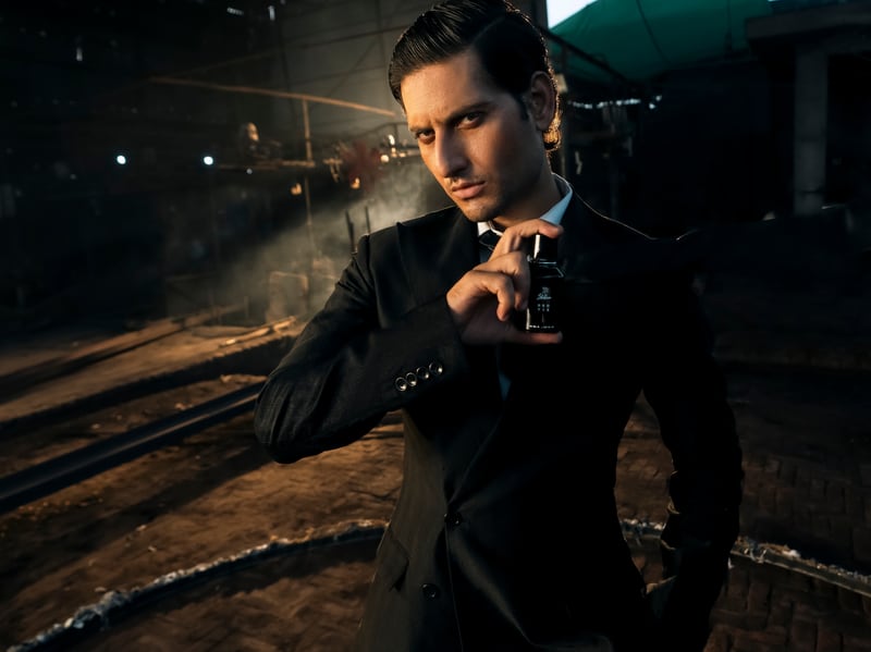 A man in a dark suit standing in warm tungsten light, the flacon in his hand