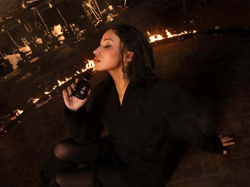 A woman in a black suit at a ring of fire, the Wafa flacon raised to her face